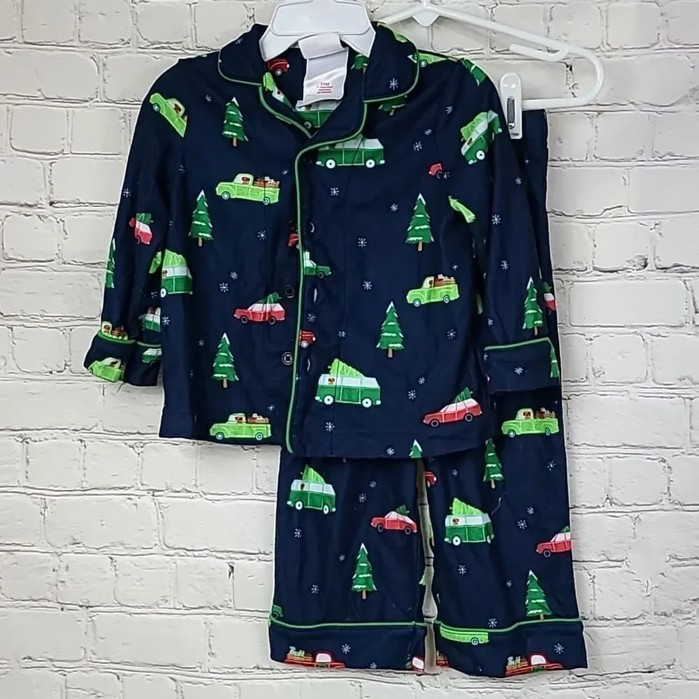Christmas Navy Blue Car/Trucks Flannel Pajamas Baby 18M Matching PJs Sleep Set